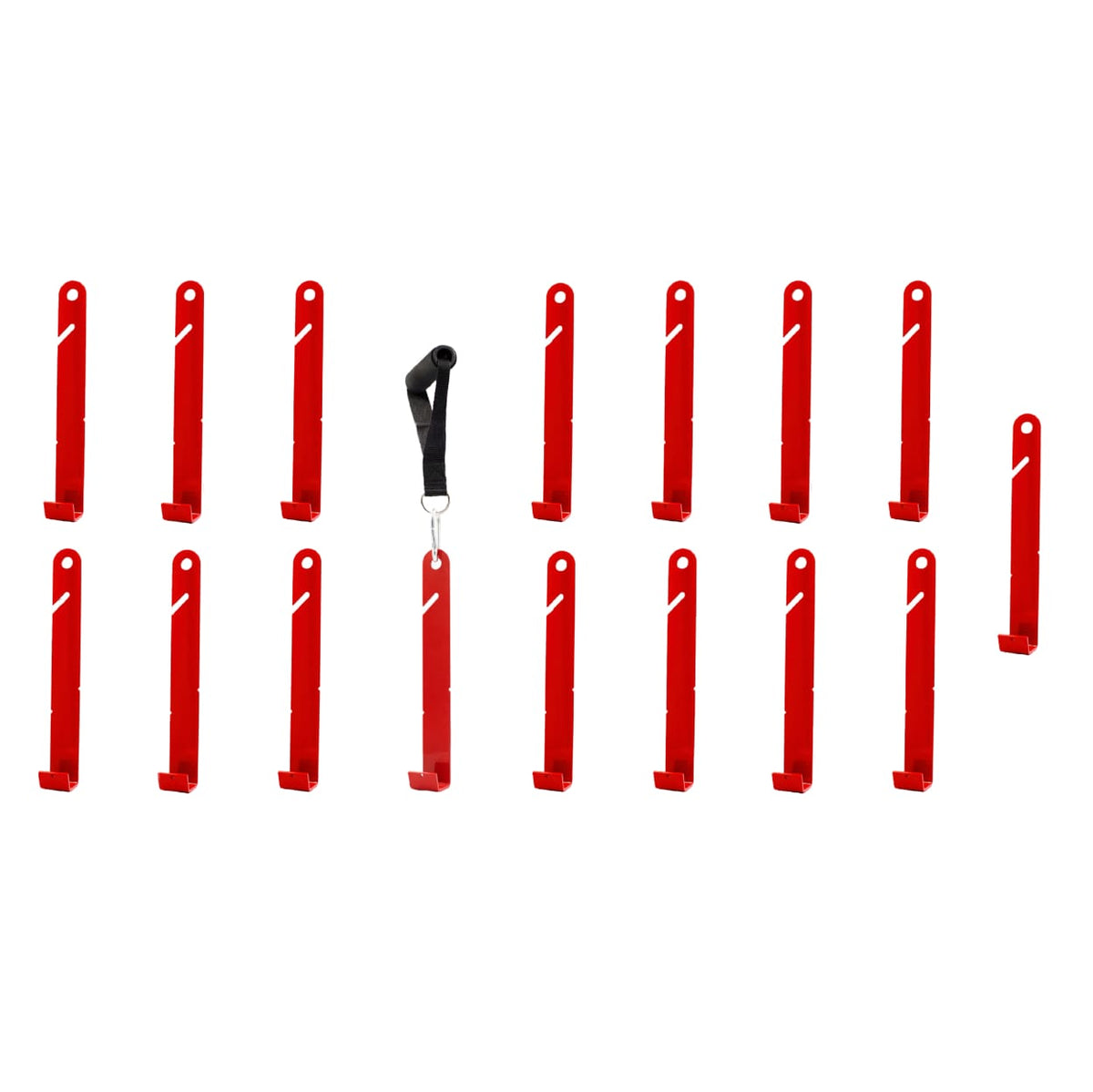 The complete EZpanl 16-piece siding hook kit, 16 red steel hooks and one EZhandle