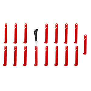 The complete EZpanl 16-piece siding hook kit, 16 red steel hooks and one EZhandle