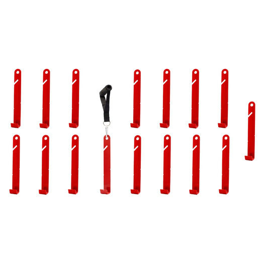 The complete EZpanl 16-piece siding hook kit, 16 red steel hooks and one EZhandle