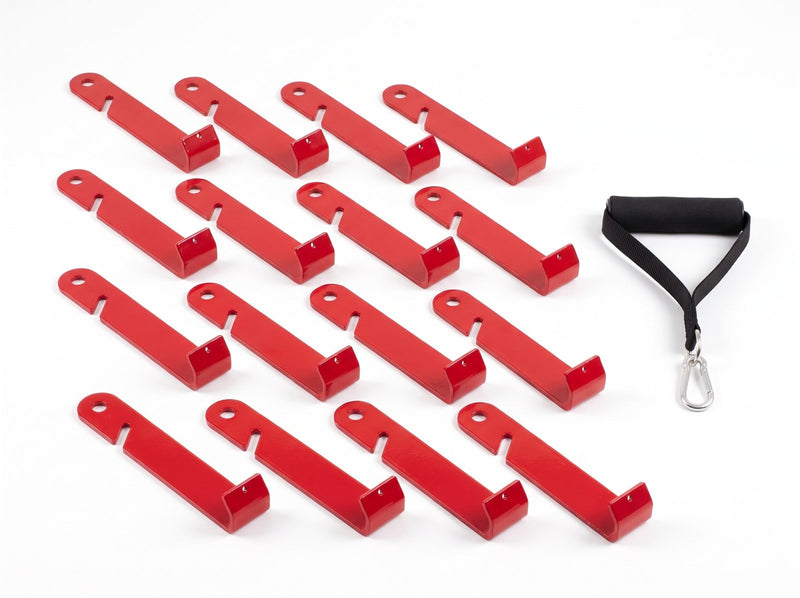 EZpanl Siding Hook Kit, sixteen red powder-coated steel hooks and one EZhandle