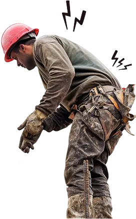 Construction worker bending over to lift a siding panel with jolts of pain at the lower back and shoulders.